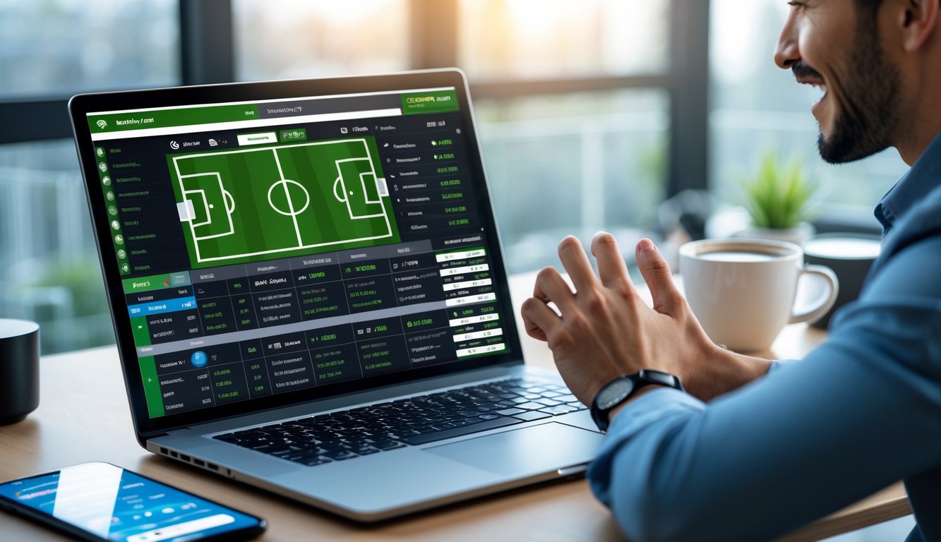 Seorang pria menggunakan laptop di meja kerja dengan tampilan taruhan sepak bola di layar, menunjukkan suasana taruhan judi bola online.