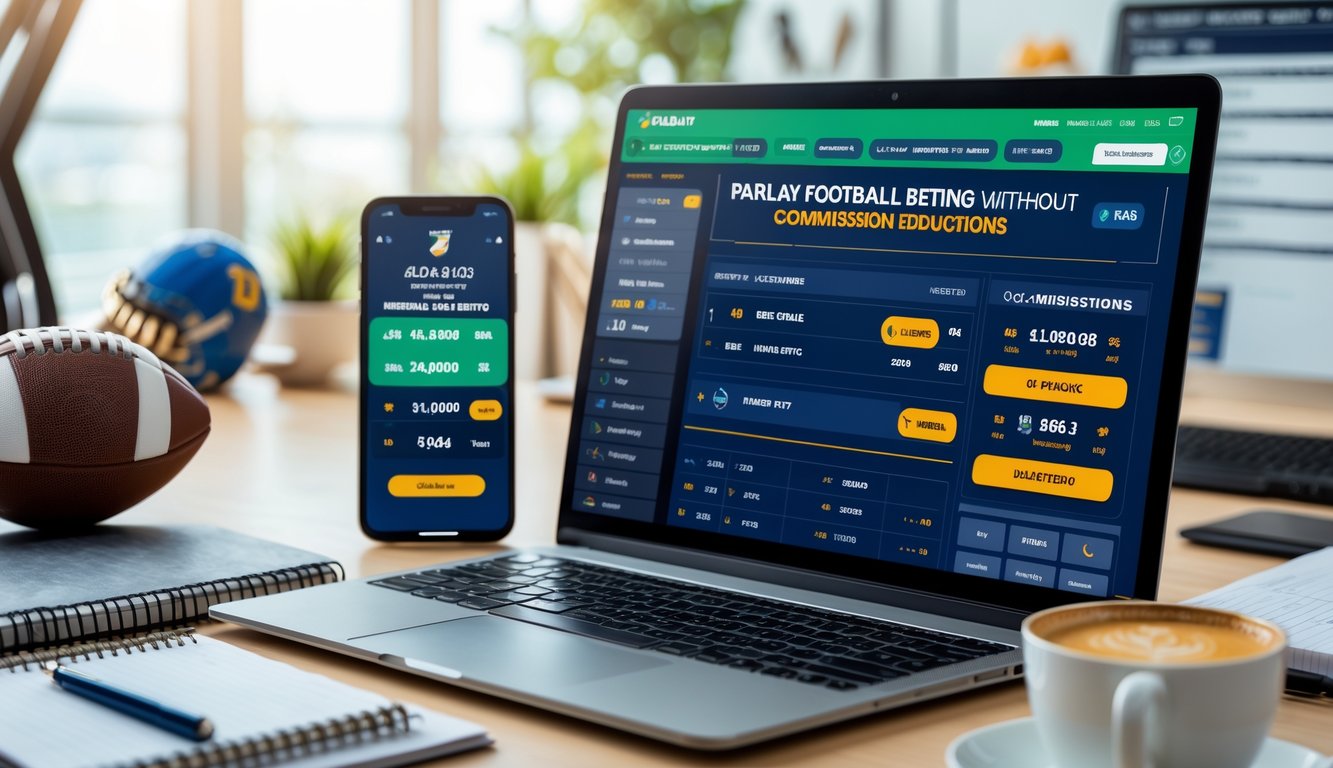Seorang pria menggunakan laptop dengan tampilan situs judi bola parlay online, dikelilingi smartphone, buku catatan, dan suasana kantor yang rapi.