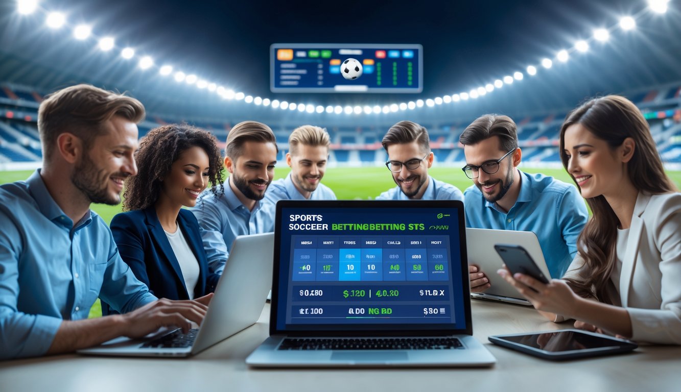 Orang-orang menggunakan perangkat digital untuk memasang taruhan bola secara online dengan latar belakang stadion sepak bola dan elemen terkait.