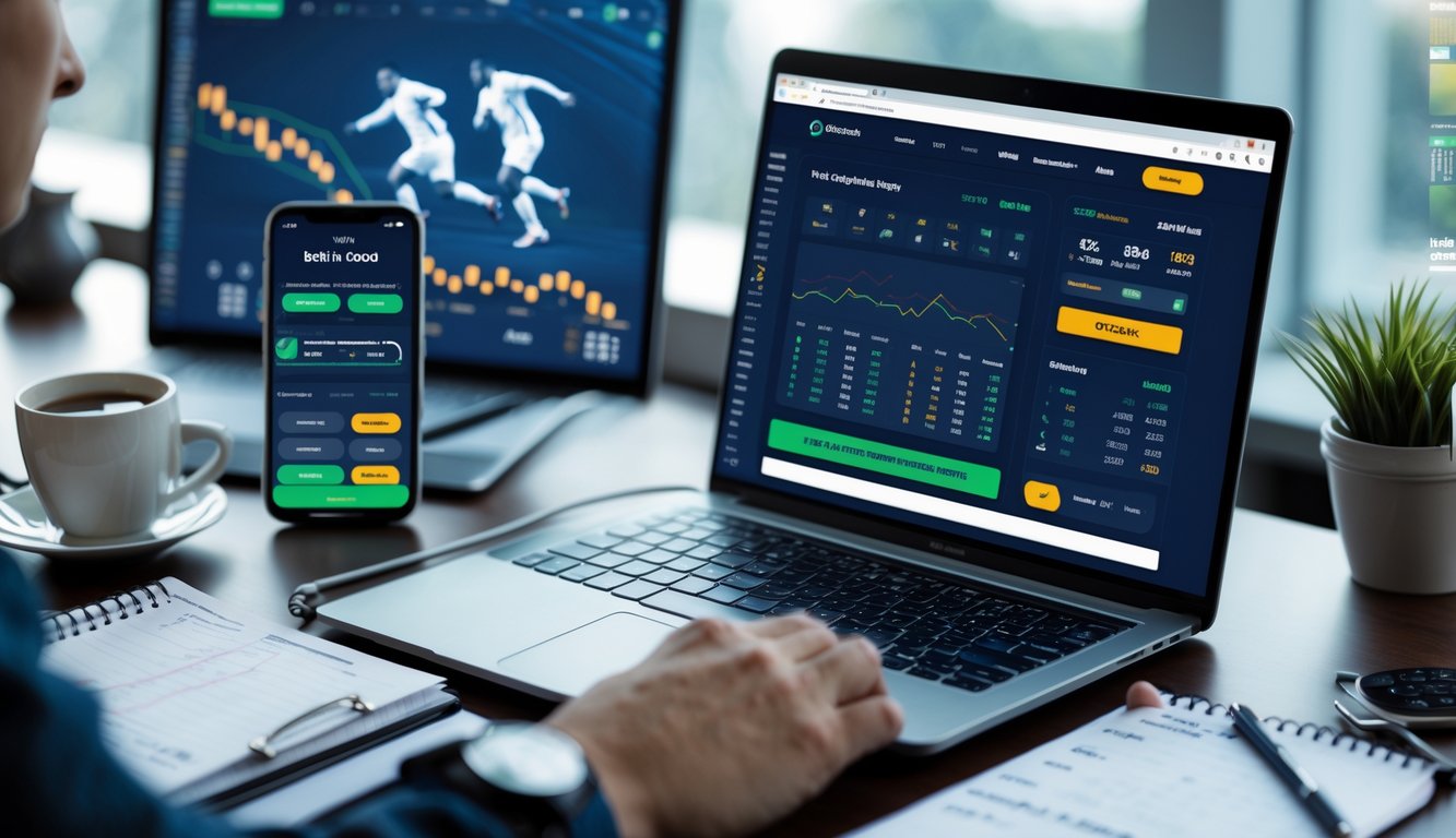 Meja kerja dengan laptop yang menampilkan situs judi bola online, ponsel dengan aplikasi taruhan, dan catatan di sampingnya.