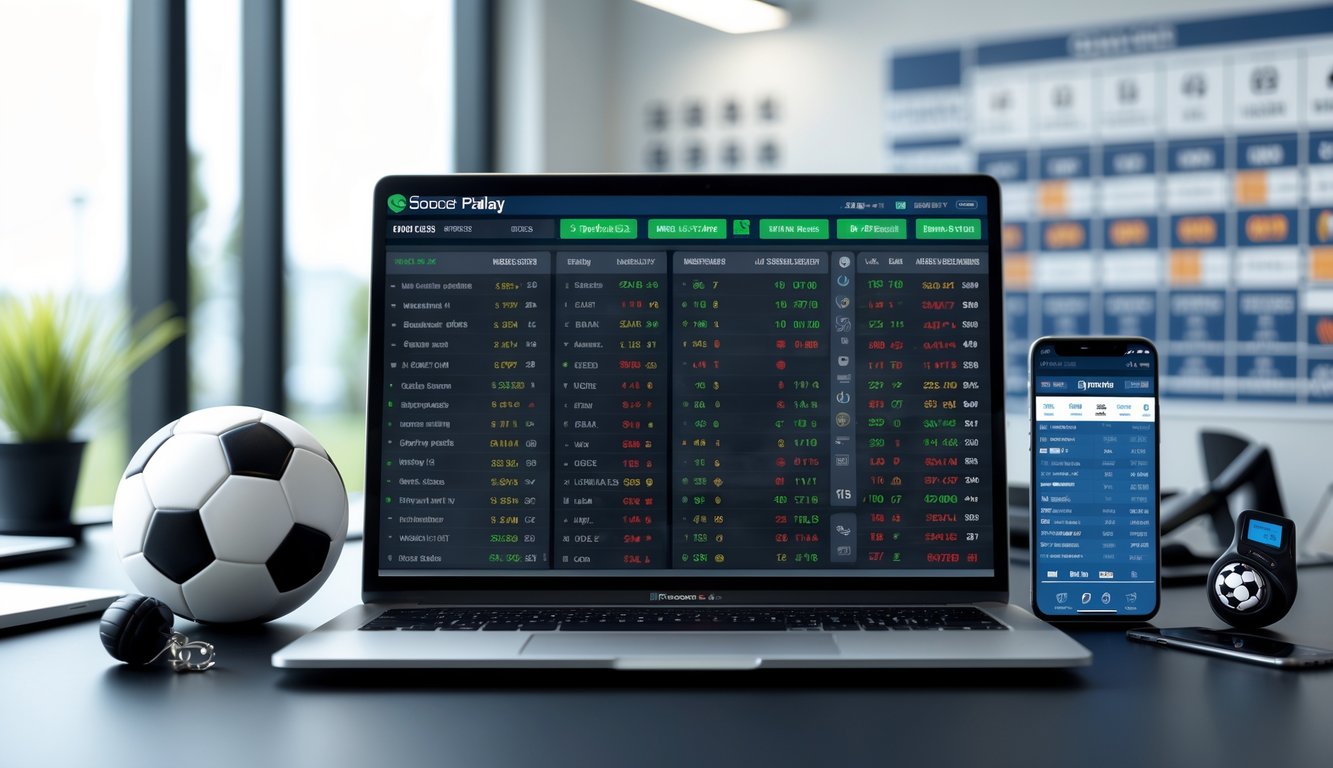 Meja kerja dengan laptop yang menampilkan pasar taruhan bola, bola sepak, dan ponsel dengan pembaruan pertandingan langsung.
