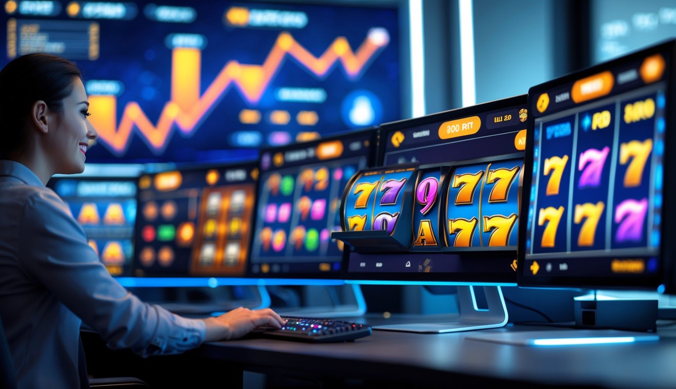 Seorang individu menggunakan komputer dengan layar menampilkan permainan slot online berwarna-warni di ruang kerja modern yang rapi.