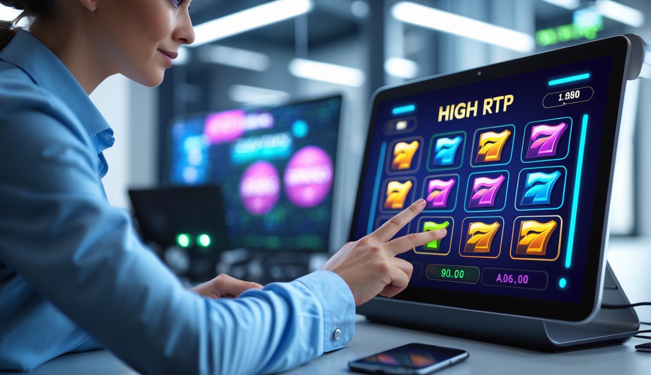 Seseorang sedang menggunakan perangkat digital dengan tampilan permainan slot online dan grafik di lingkungan kantor modern.