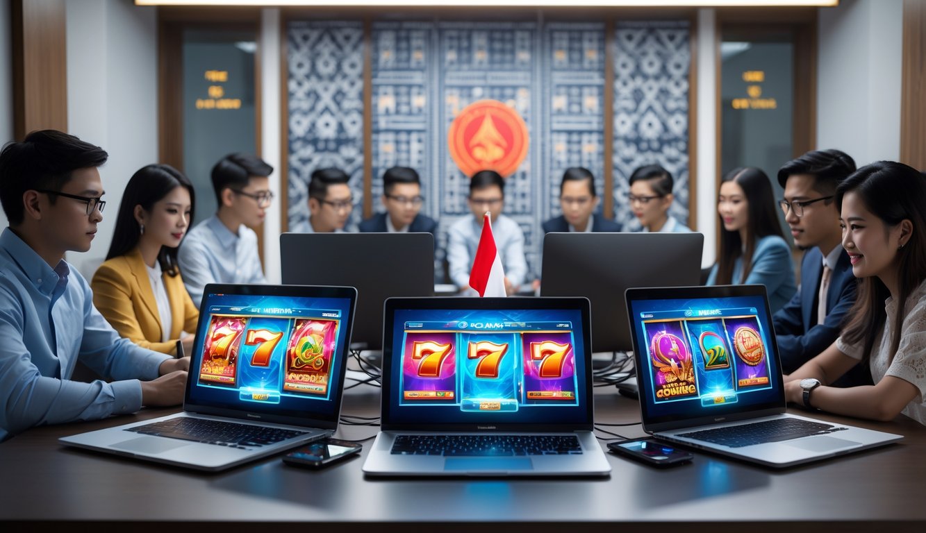 Sekelompok profesional muda bekerja bersama di ruang kantor modern dengan laptop yang menampilkan permainan slot online berwarna-warni, dengan elemen budaya Indonesia di latar belakang.