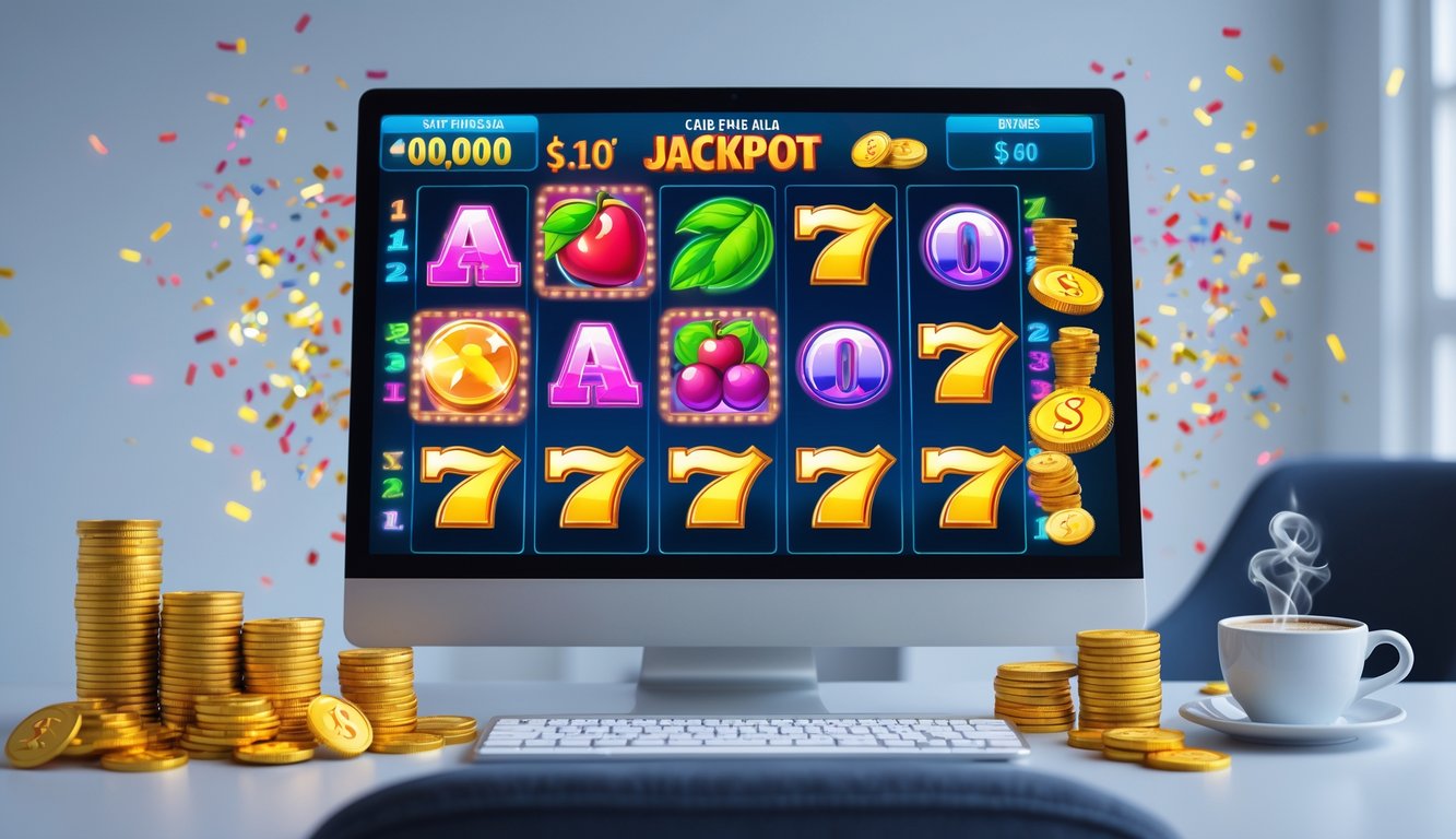 Seorang pemain sedang bermain mesin slot online dengan layar komputer menampilkan simbol kemenangan dan koin emas di meja kerja yang rapi.