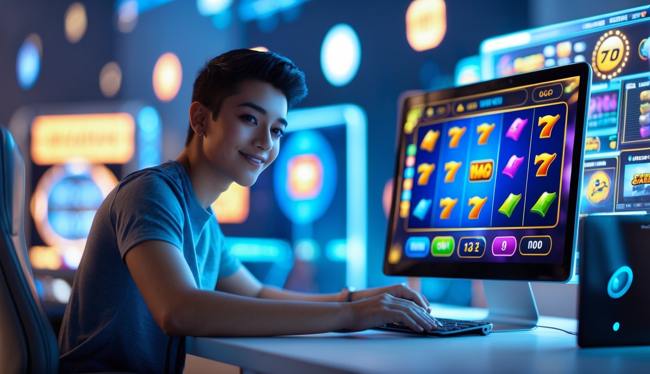 Seorang dewasa muda duduk di depan laptop dengan tampilan permainan slot online yang berwarna-warni, di meja yang rapi dengan latar belakang pola teknologi dan pencahayaan biru lembut.