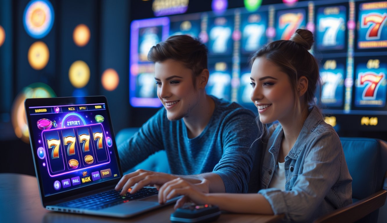 Dua orang muda sedang menggunakan laptop di ruangan nyaman, fokus pada permainan slot online dengan suasana yang ceria dan menarik.