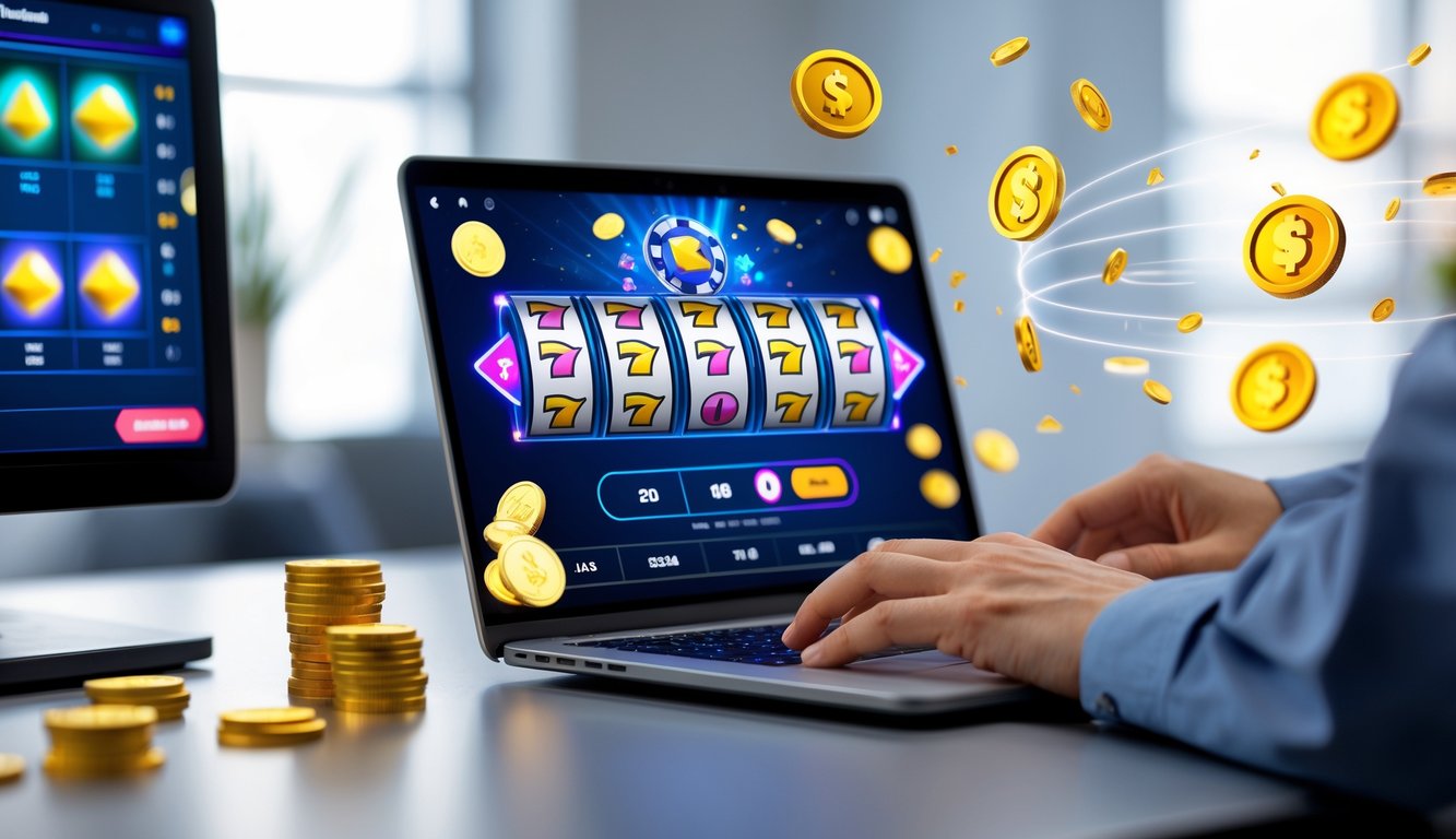 Seseorang sedang bermain permainan slot online di laptop di meja kerja yang rapi dan terang.