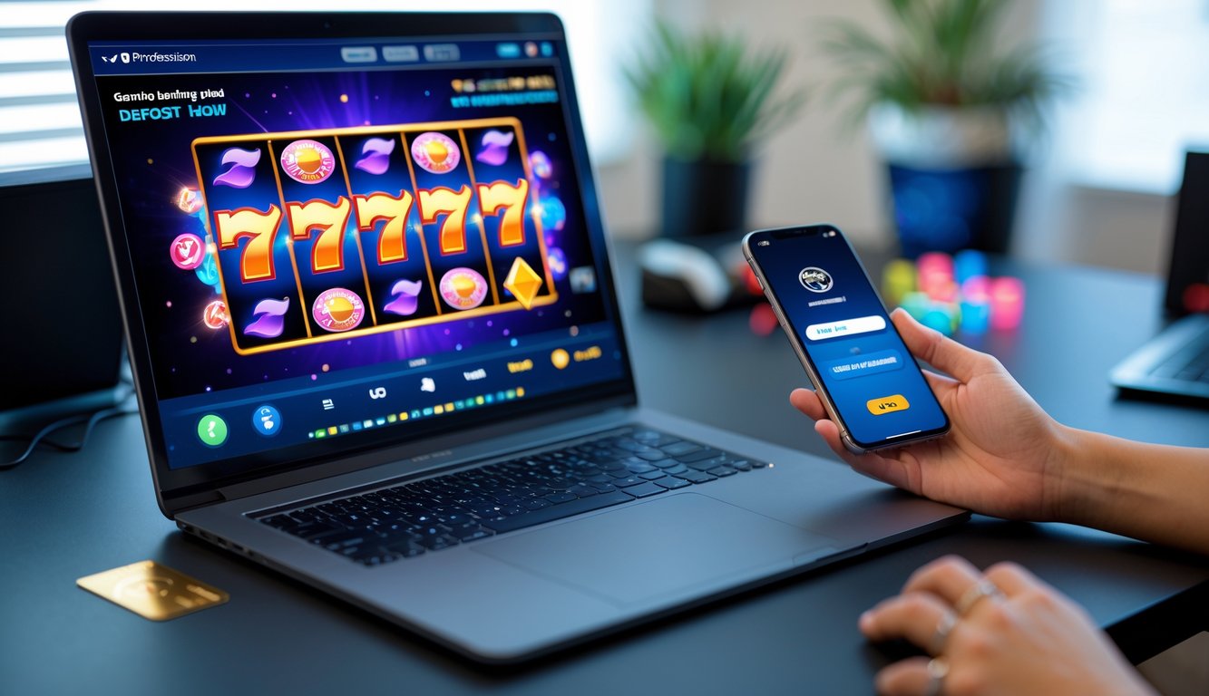 Seorang pengguna sedang bermain permainan slot online di komputer dan melakukan deposit cepat melalui ponsel di ruang kerja yang rapi.