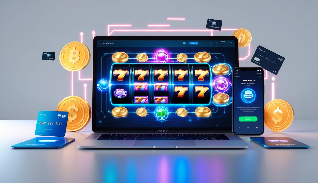 Seorang pengguna sedang bermain permainan slot online di komputer dengan tampilan grafik warna-warni dan ikon transaksi cepat di sekitar perangkat.