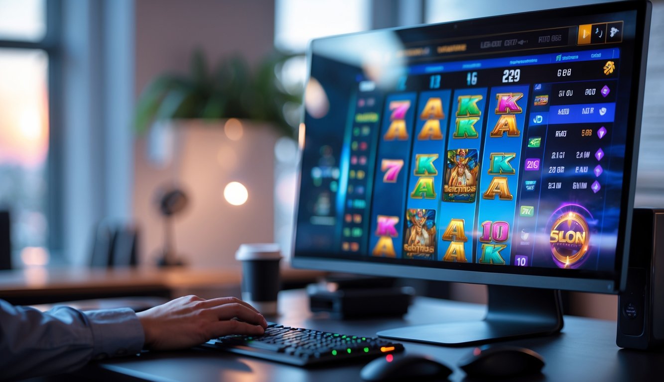 Seorang pengguna sedang bermain game slot online di komputer dengan suasana ruangan kantor yang rapi dan nyaman.