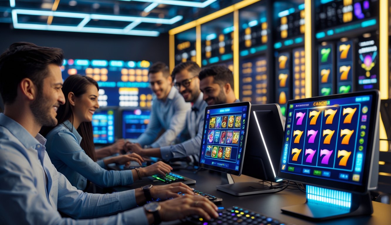 Orang-orang sedang bermain slot online menggunakan komputer dan ponsel di ruangan dengan peralatan server yang modern dan stabil.