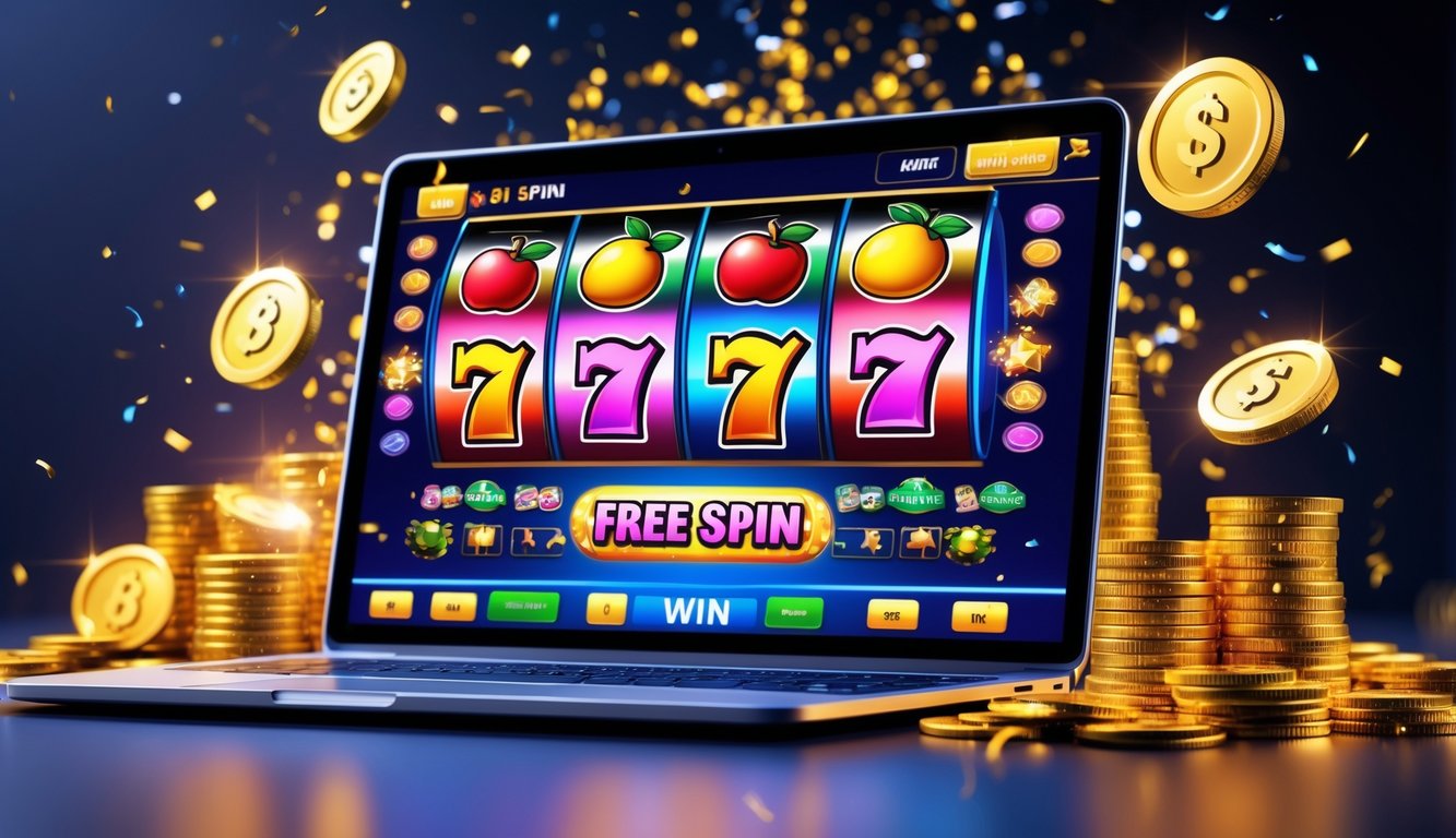 Seorang pemain sedang bermain permainan slot online di komputer dengan koin emas dan simbol putaran gratis yang berkilauan di sekitarnya.