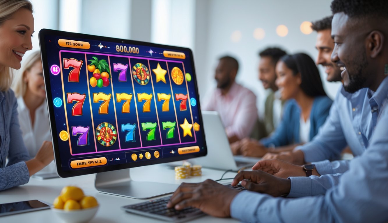 Orang-orang sedang menggunakan komputer dengan layar menampilkan permainan mesin slot online yang berwarna-warni dan simbol kemenangan.