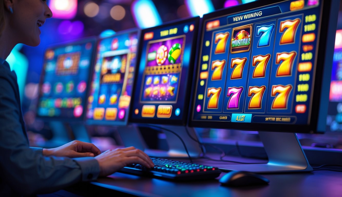 Seseorang sedang bermain mesin slot online di depan komputer dengan beberapa layar menampilkan permainan slot yang berwarna-warni.