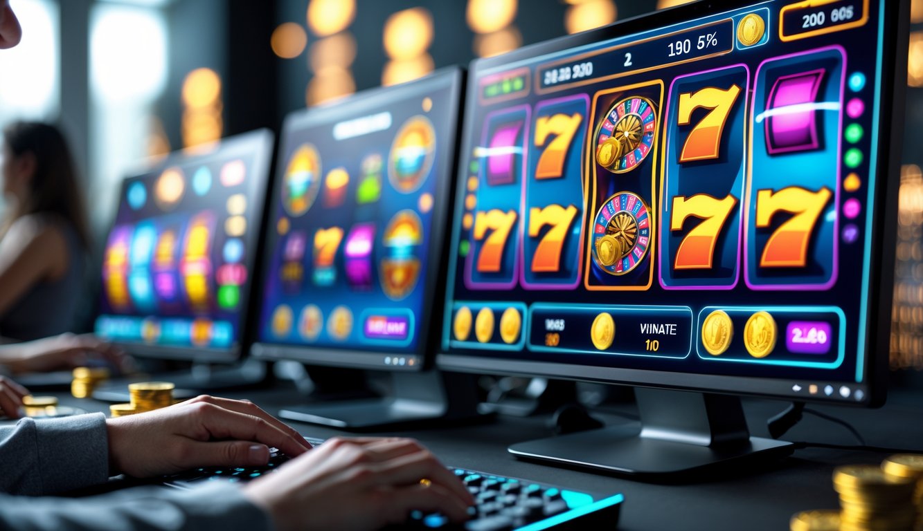 Seseorang sedang bermain permainan slot online di komputer dengan layar menampilkan permainan slot yang berwarna-warni dan simbol kemenangan.