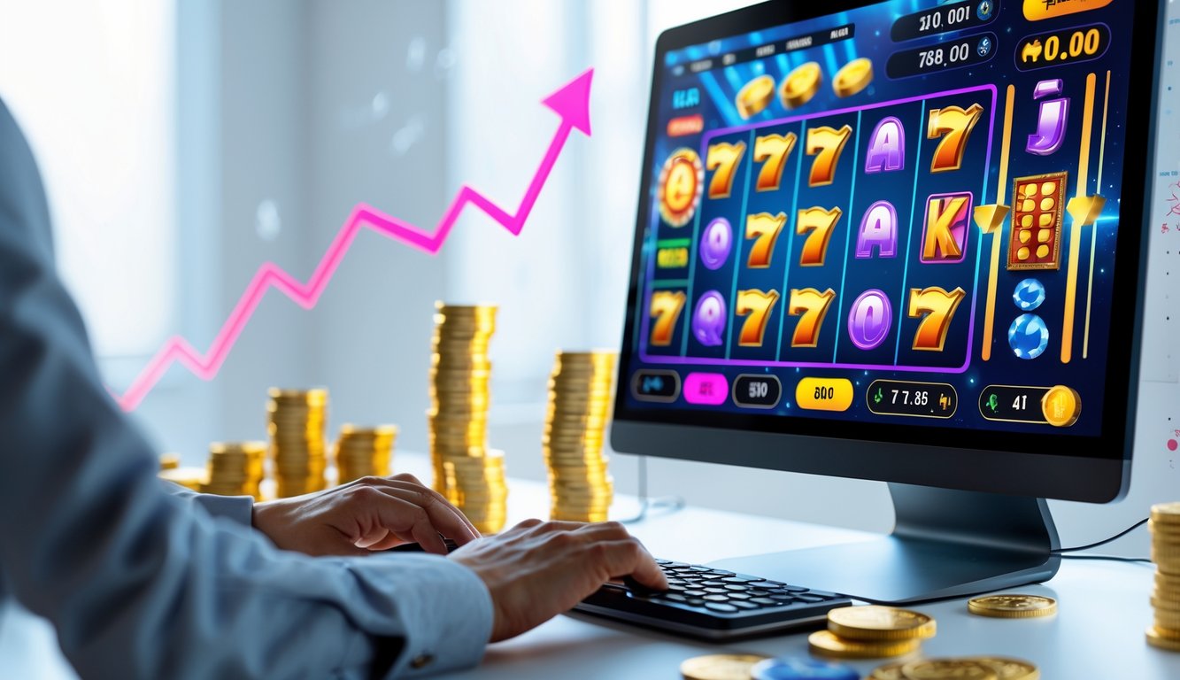 Seorang pemain sedang menggunakan komputer dengan layar menampilkan permainan slot online berwarna-warni, dikelilingi koin emas dan tumpukan chip.