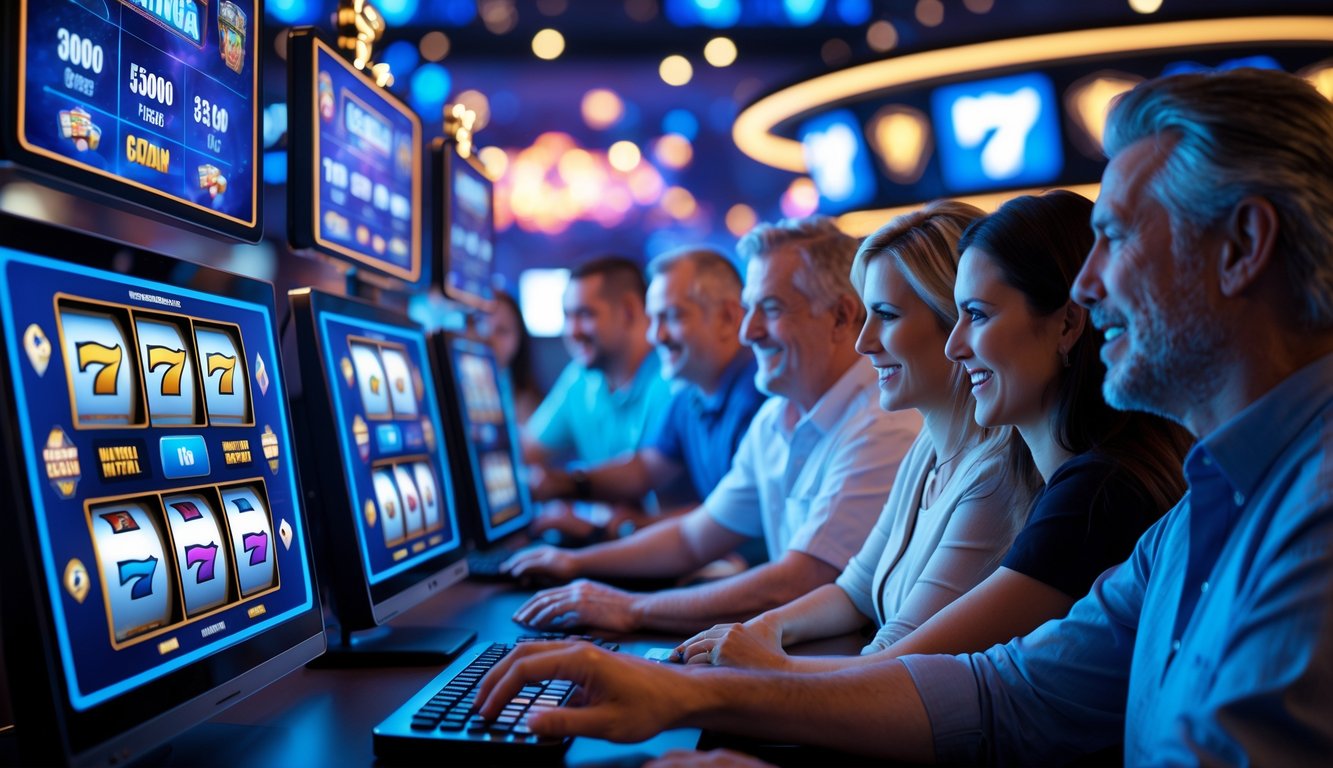 Beberapa orang dewasa bermain permainan slot online di komputer dan ponsel dalam suasana kasino digital yang modern.