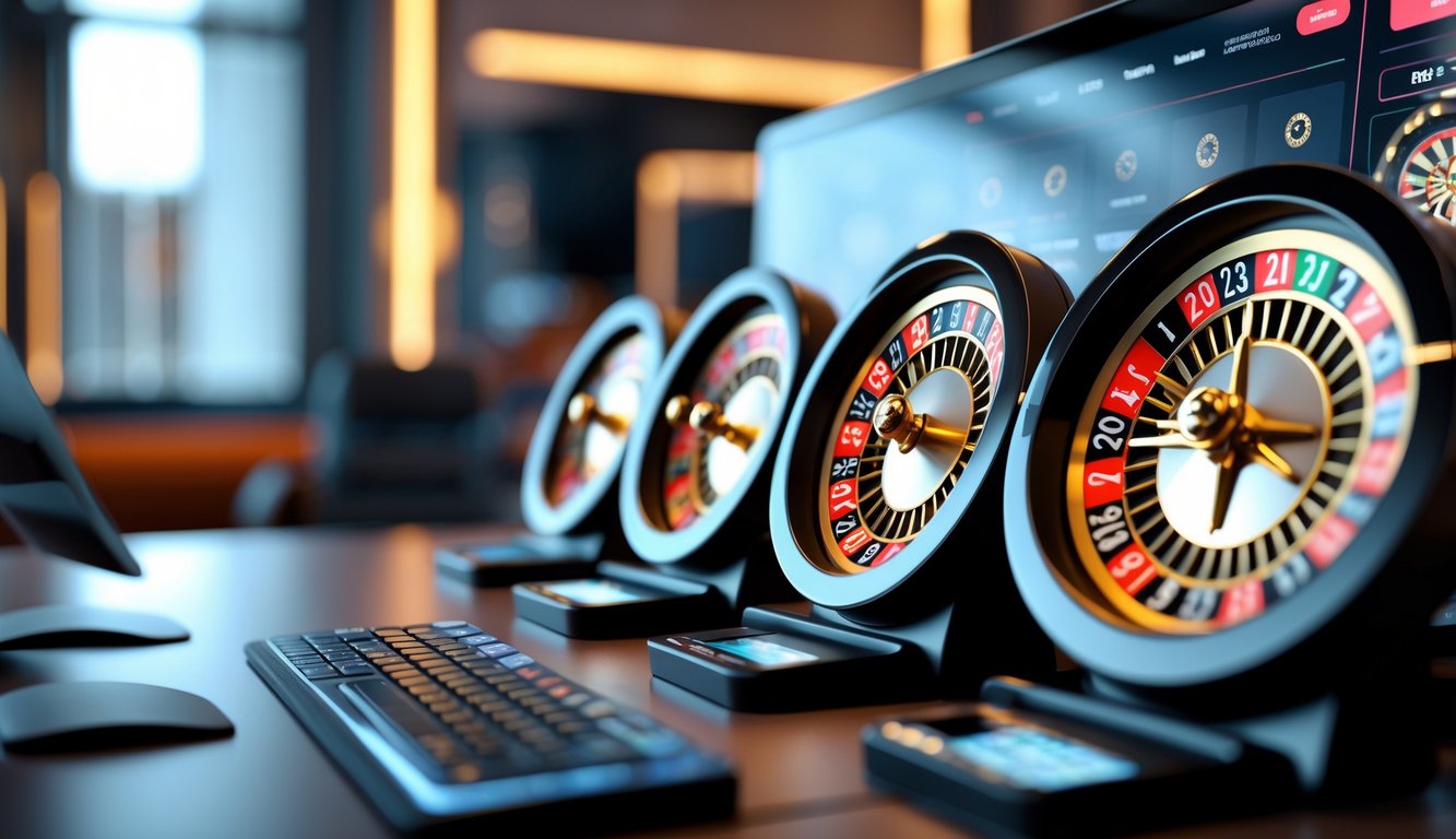 Tampilan beberapa roda roulette digital yang berputar di layar komputer dalam suasana kerja yang modern dan terang.
