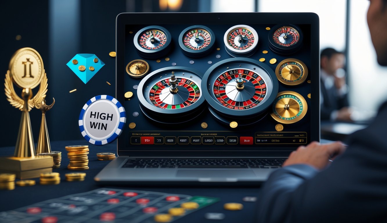 Seorang pemain duduk di depan komputer dengan beberapa roda roulette online yang berputar di layar, menunjukkan suasana permainan judi online yang profesional dan terpercaya.