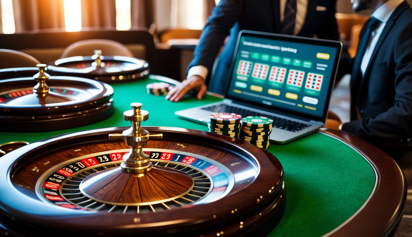Beberapa roda roulette berputar di meja kasino modern dengan seseorang yang menggunakan laptop untuk bermain roulette online dengan aman.