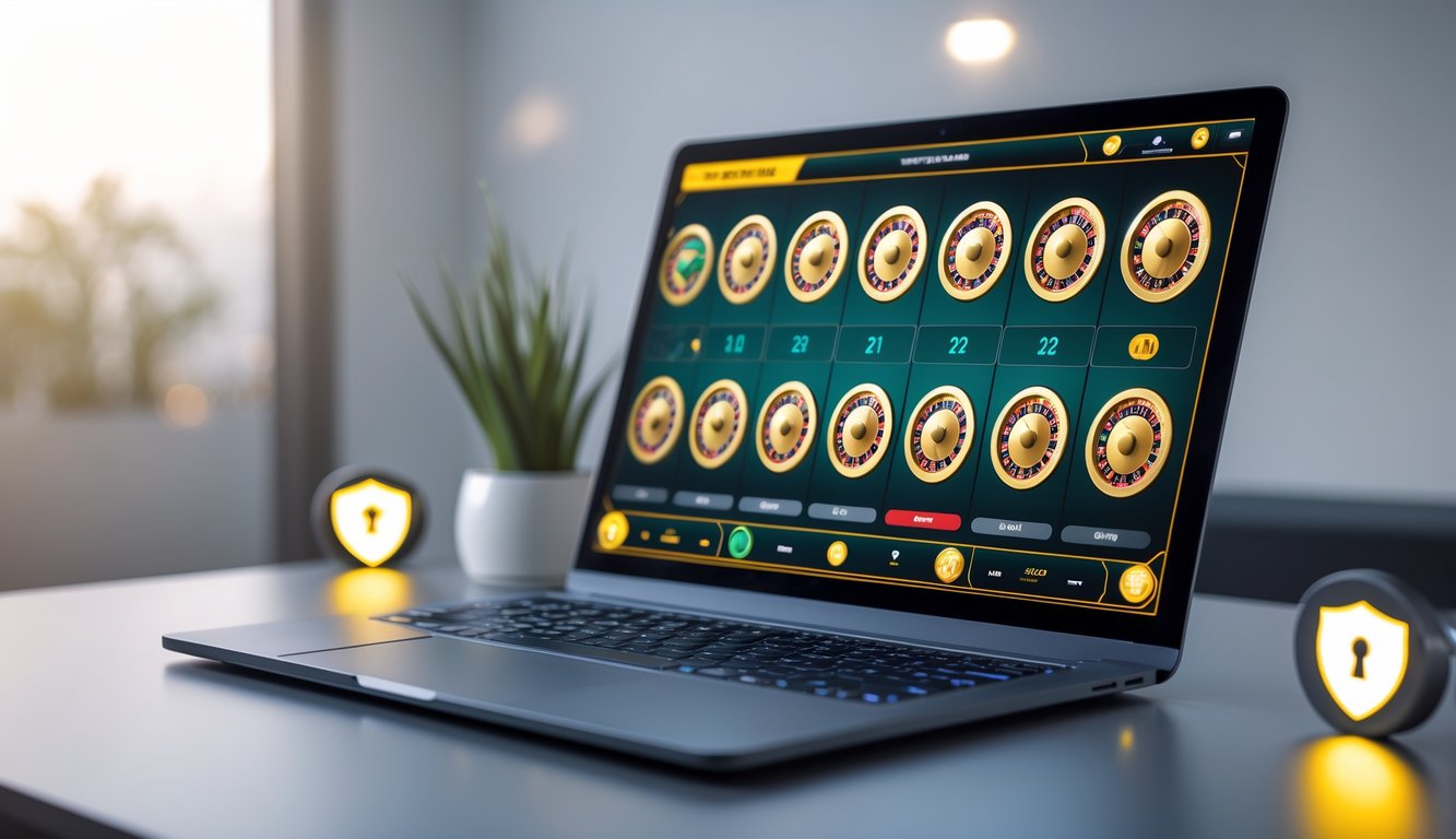Tampilan komputer dengan beberapa roda roulette online yang berputar, menampilkan suasana permainan kasino online yang aman dan resmi.