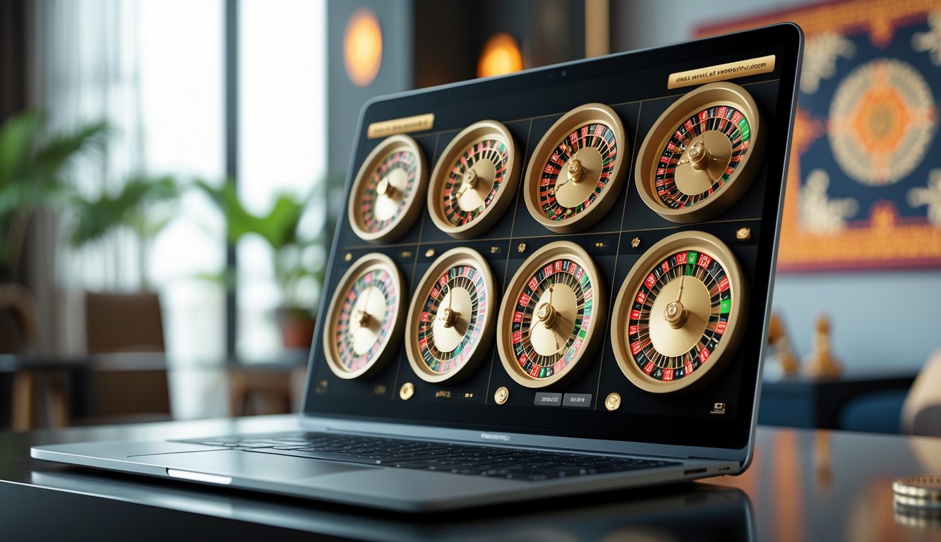 Sebuah komputer menampilkan beberapa roda roulette yang berputar di layar dalam ruangan dengan dekorasi bergaya Indonesia.