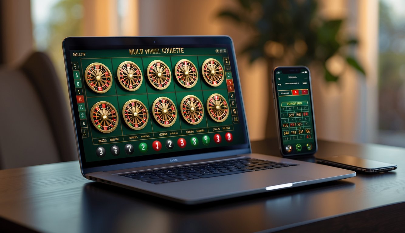 Seorang pengguna bermain roulette online dengan beberapa roda roulette yang terlihat di layar laptop di atas meja kayu, dengan ponsel di sampingnya di lingkungan rumah atau kantor yang nyaman.