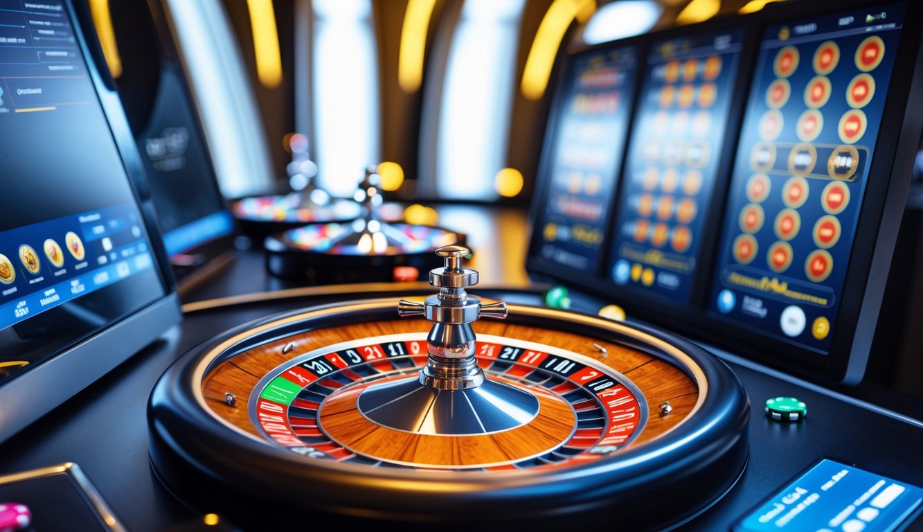 Tampilan layar komputer dengan beberapa roda roulette online yang berputar bersamaan dalam suasana kasino digital.