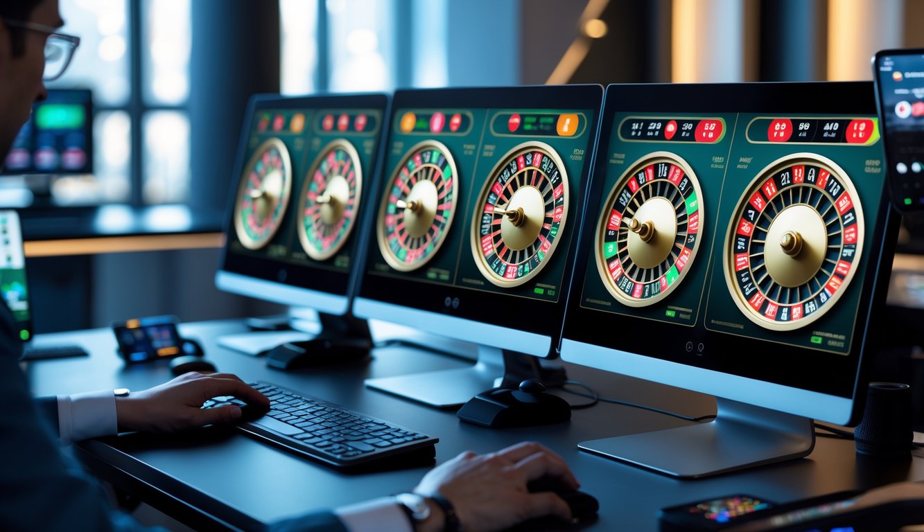 Seseorang bermain roulette multi-wheel online dengan beberapa layar komputer yang menampilkan roda roulette berputar di meja kerja modern.