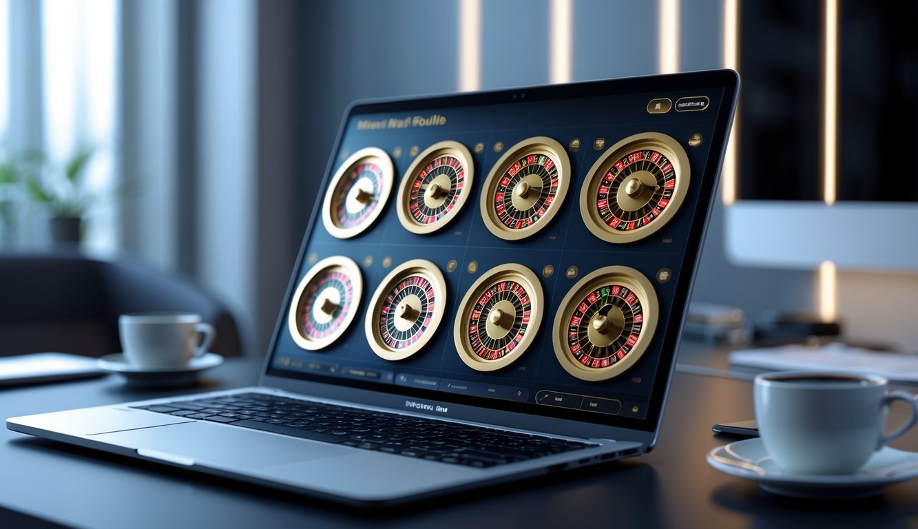 Sebuah layar komputer menampilkan beberapa roda roulette yang berputar secara bersamaan dalam suasana kasino online yang modern dan profesional.