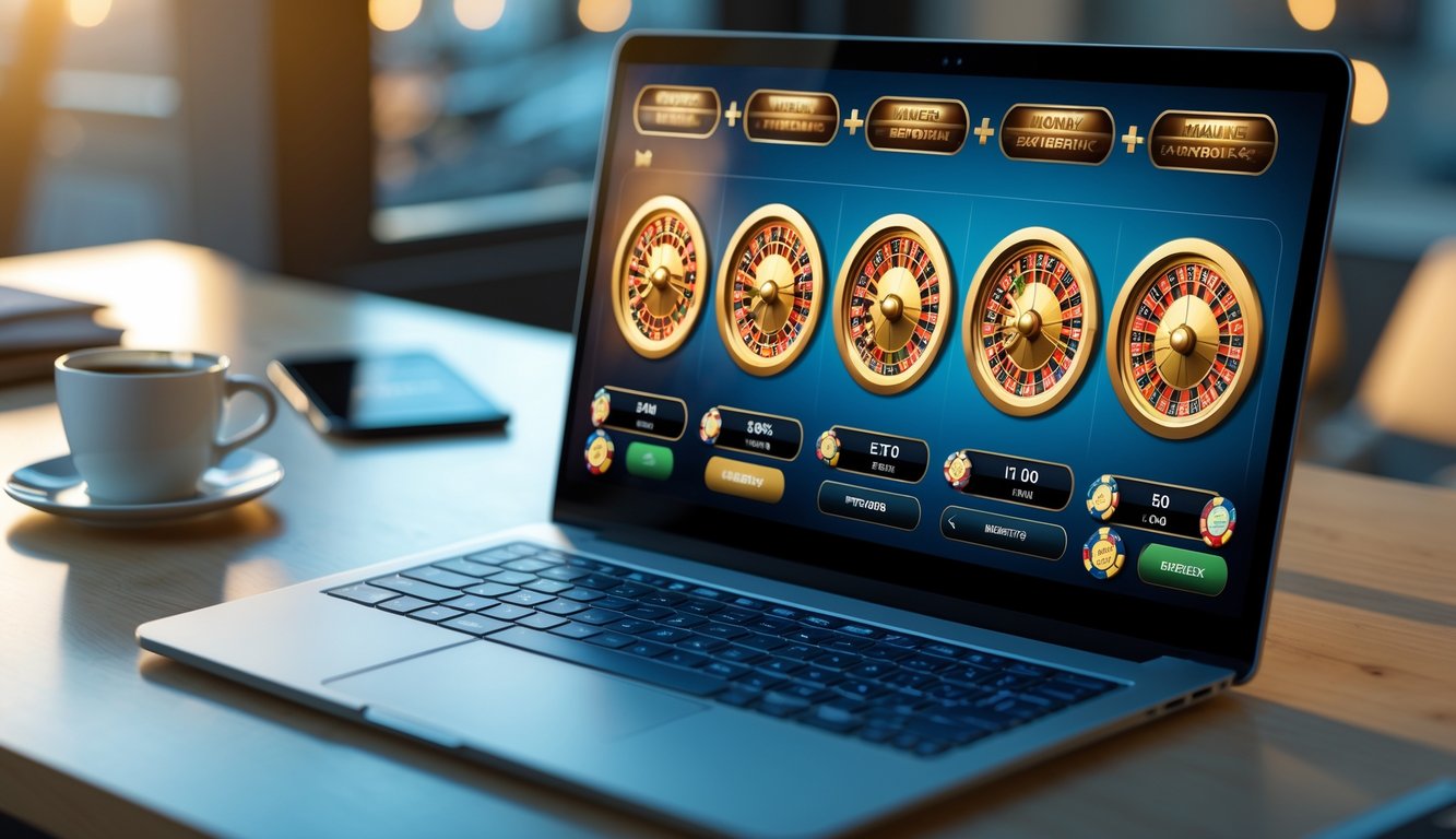 Layar laptop menampilkan permainan roulette multi-roda online dengan beberapa roda roulette berputar, di atas meja kayu dengan ponsel dan cangkir kopi di sampingnya.