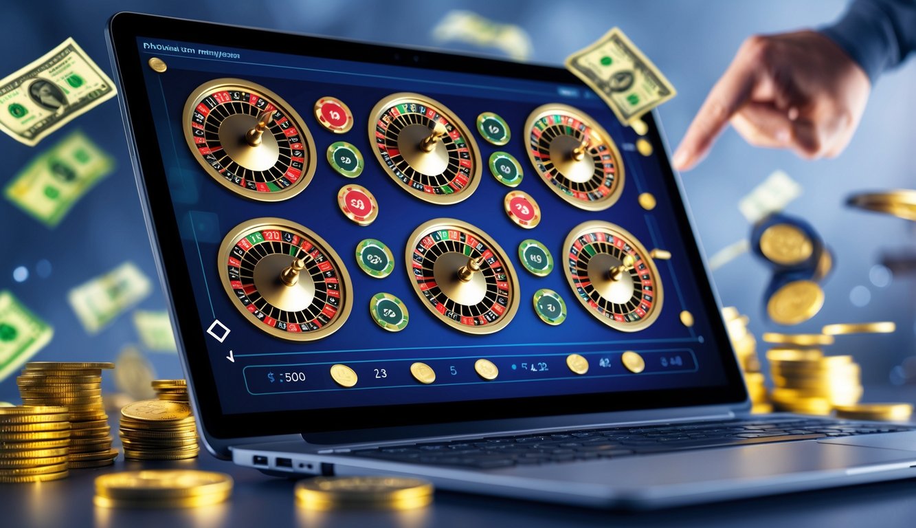 Seseorang menggunakan komputer dengan beberapa roda roulette online yang berputar, dikelilingi oleh uang kertas dan koin.