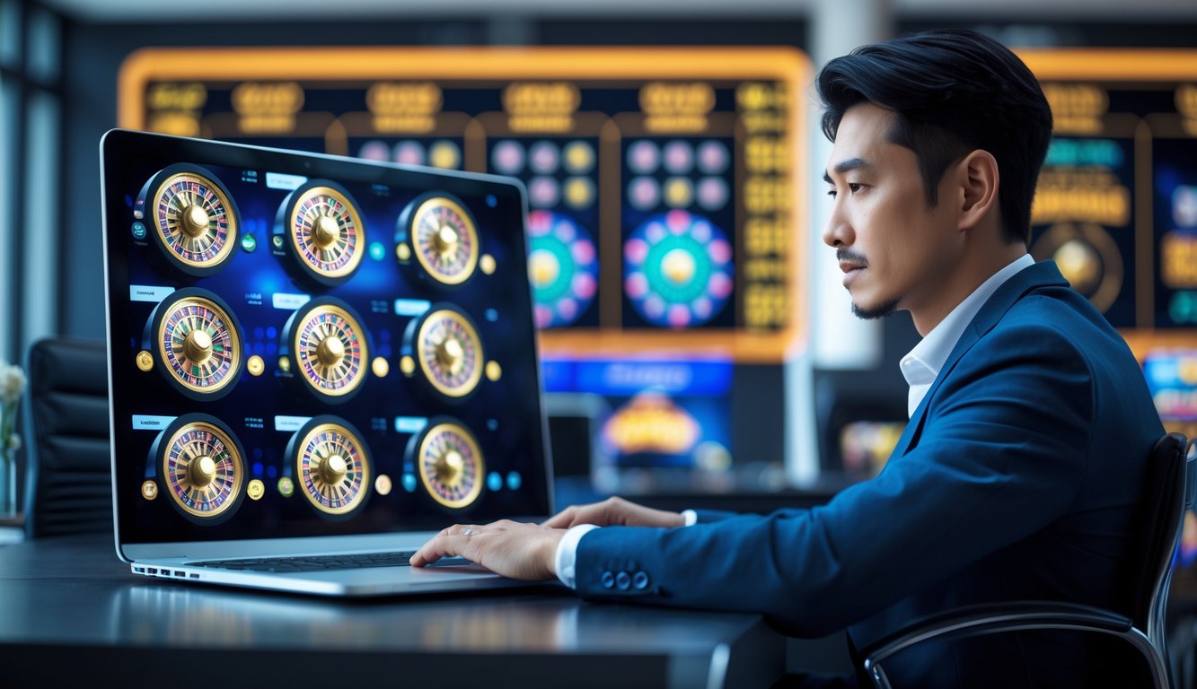 Seorang pria Asia mengenakan pakaian rapi duduk di depan laptop dengan layar menampilkan beberapa roda roulette, di ruang kantor modern yang terang.