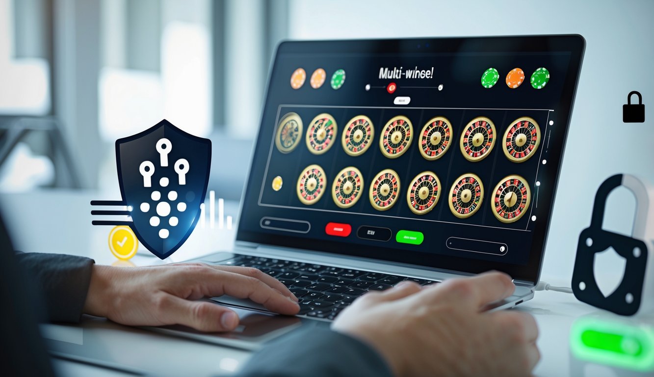 Seseorang menggunakan komputer dengan beberapa roda roulette berputar di layar, dikelilingi simbol keamanan yang menunjukkan agen roulette online yang terpercaya.