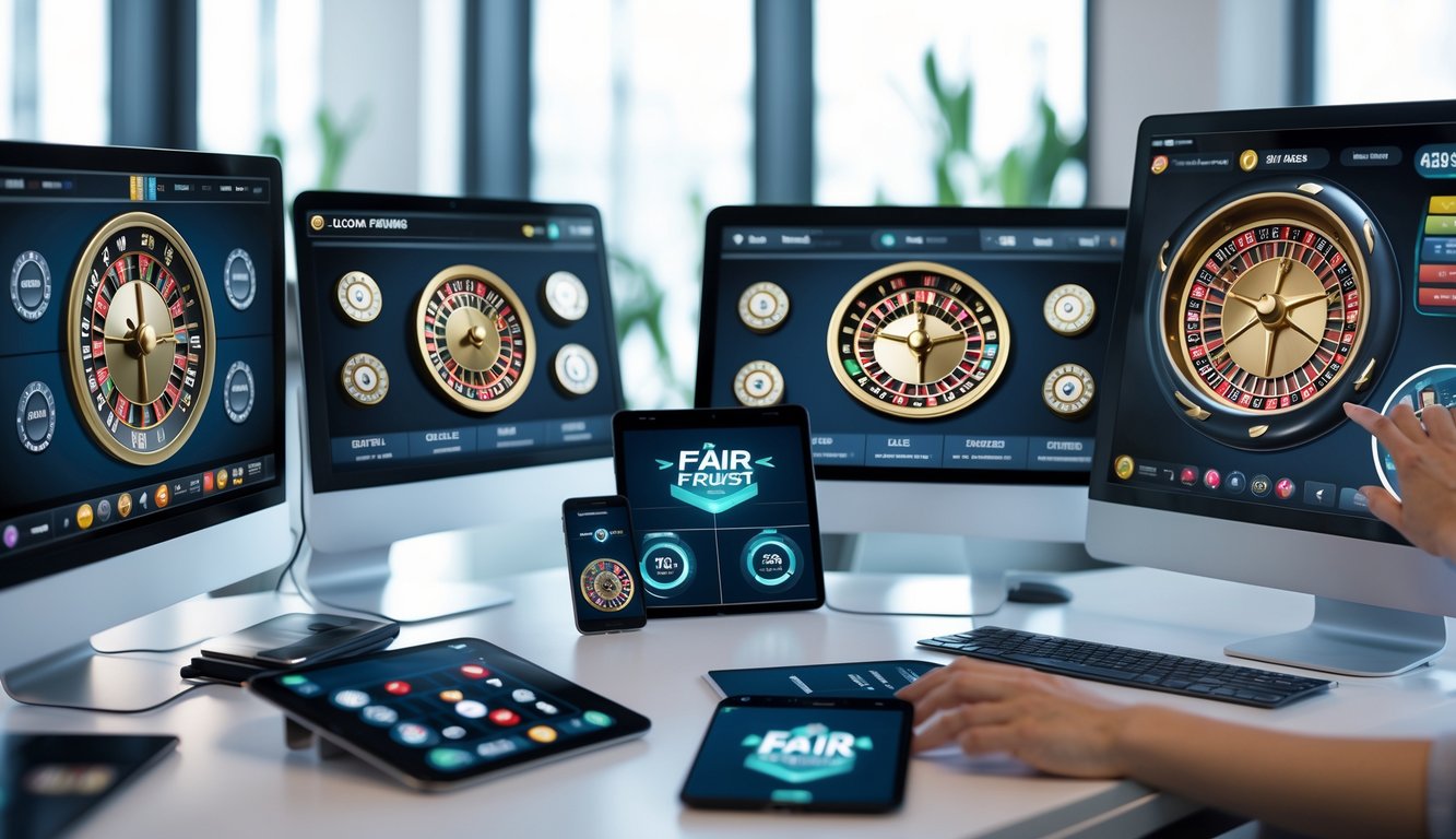Beberapa layar komputer dan perangkat mobile menampilkan roda roulette digital dengan tangan seseorang yang berinteraksi, menggambarkan permainan roulette online yang adil dan profesional.