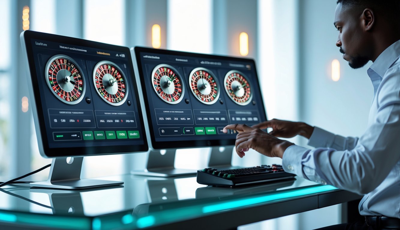Seseorang menggunakan komputer dengan beberapa roda roulette digital di layar dalam suasana kantor modern.