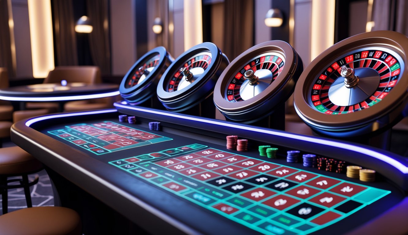 Beberapa roda roulette digital yang berputar di layar komputer dengan latar belakang suasana kasino modern.