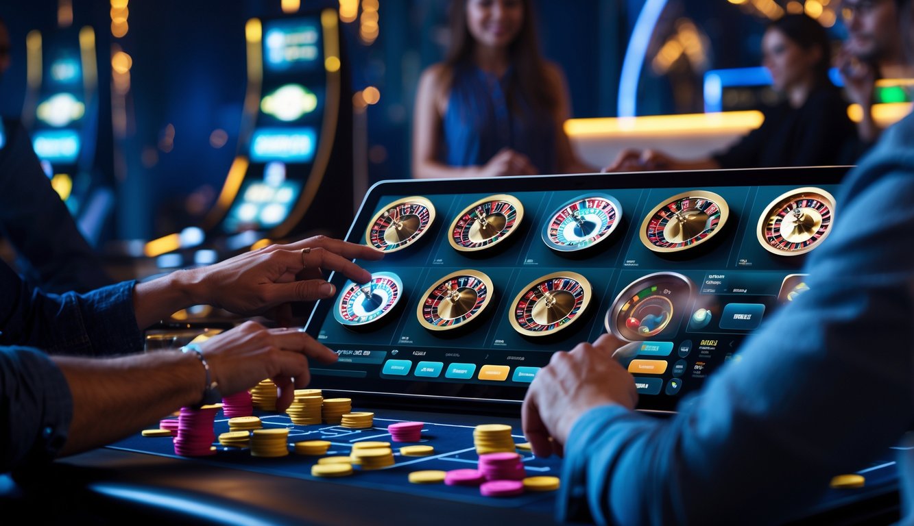 Beberapa roda roulette digital berputar di layar komputer dengan chip roulette berwarna-warni dan tangan pemain yang sedang bertaruh.