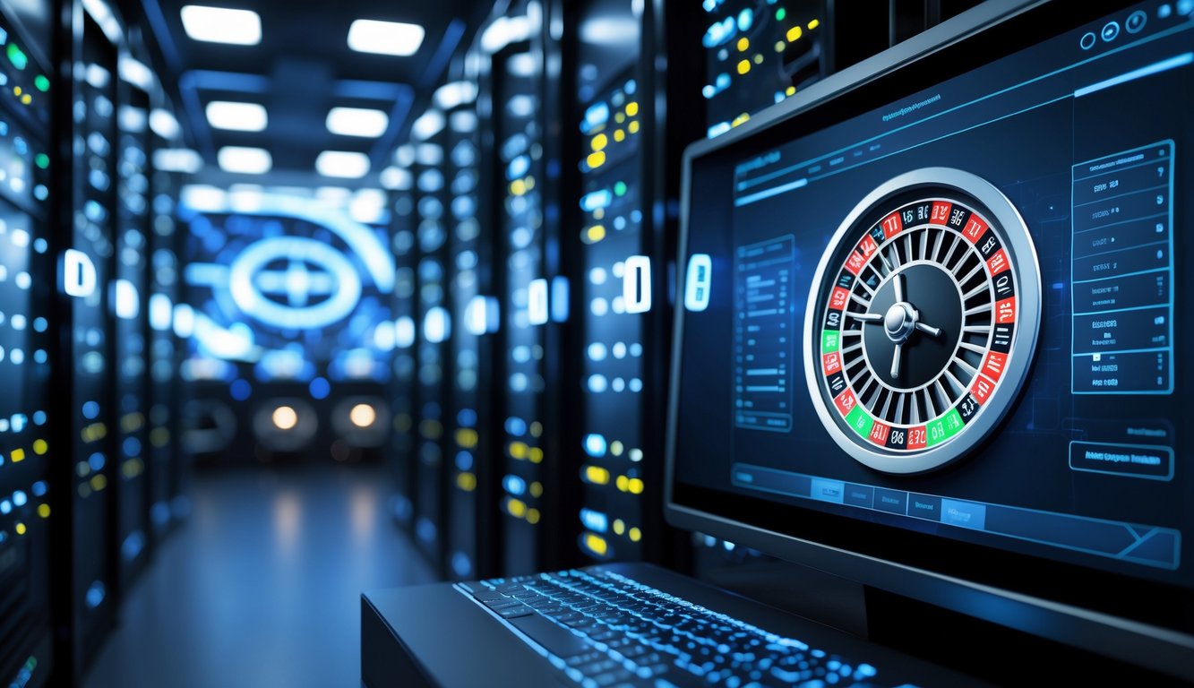 Lingkungan server online modern dengan layar menampilkan beberapa roda roulette yang berputar.