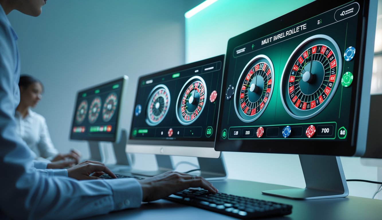 Seseorang menggunakan komputer dengan beberapa roda roulette digital di layar dalam suasana ruang teknologi modern.