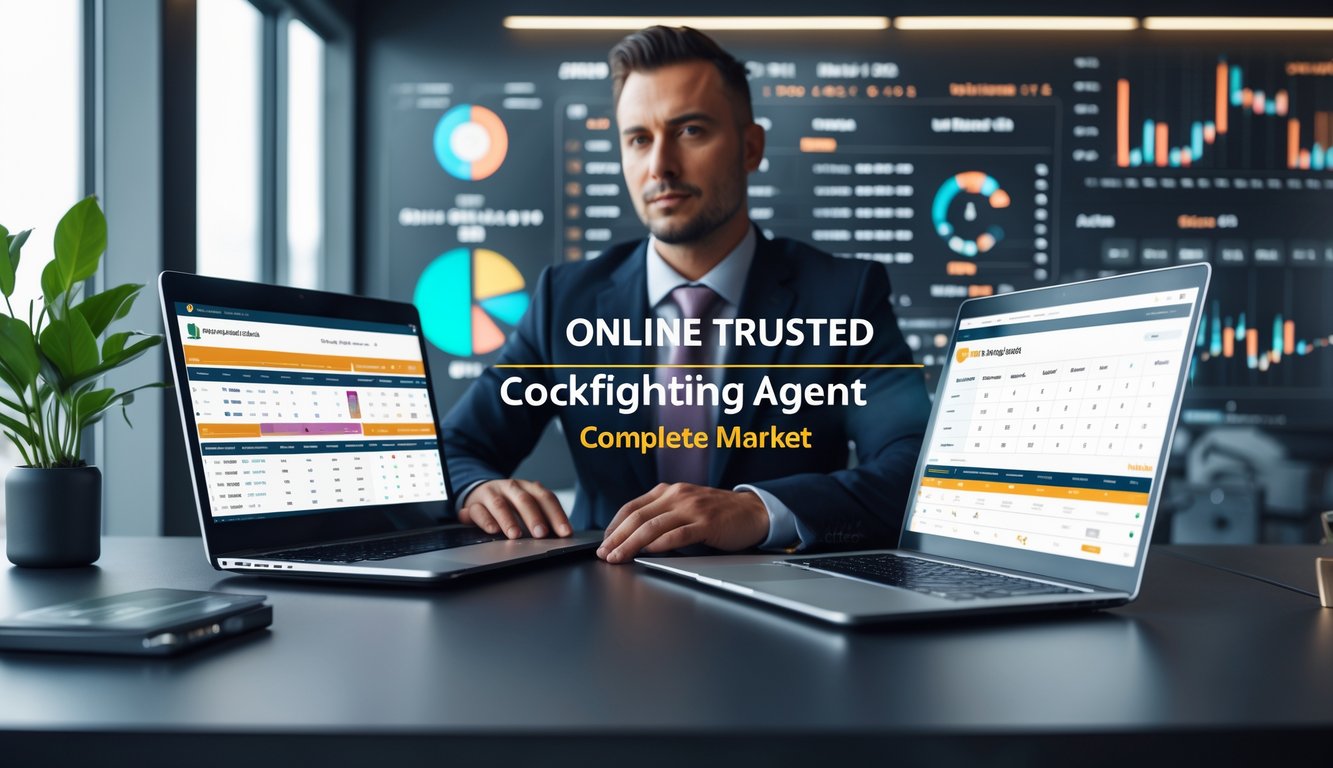 Seorang profesional di kantor modern menggunakan laptop dengan layar yang menampilkan data dan grafik pasar lengkap terkait sabung ayam online.