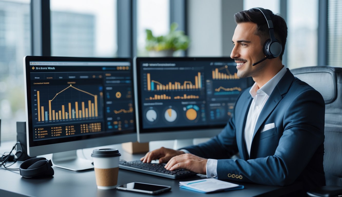 Seorang agen profesional duduk di meja kerja dengan beberapa monitor komputer yang menampilkan data pasar sabung ayam online, di ruang kantor yang rapi dan terang.