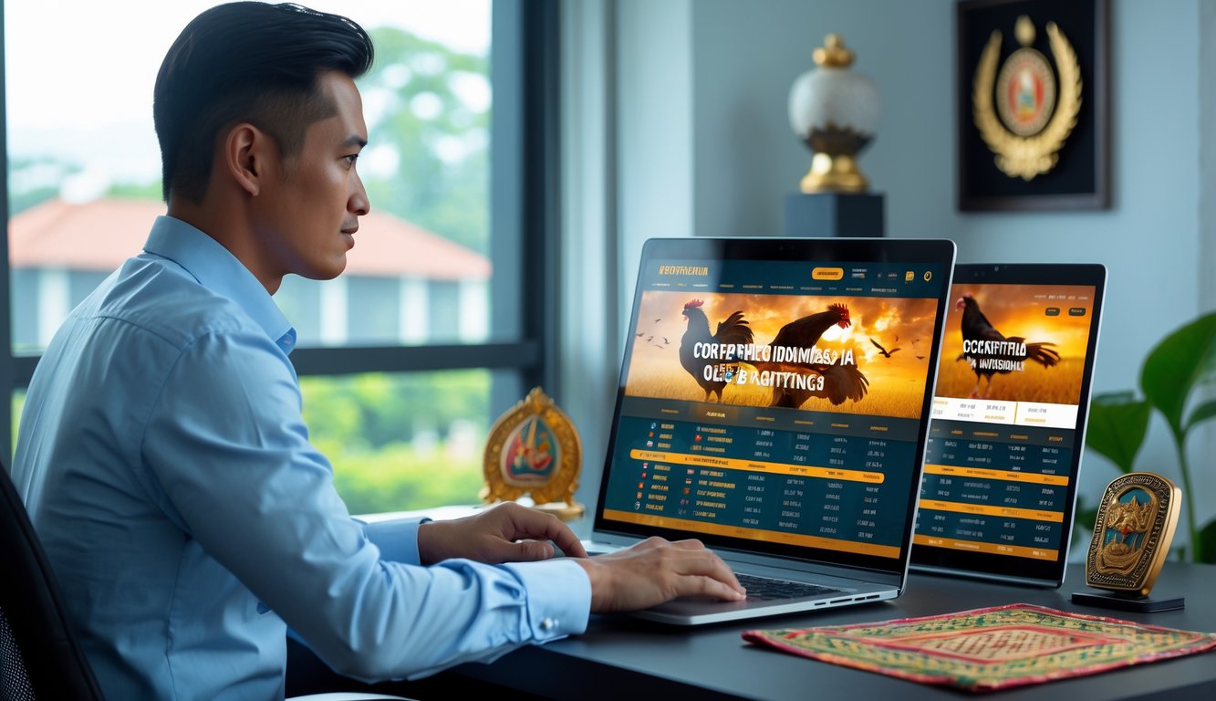 Seorang pria Asia Tenggara duduk di meja kerja menggunakan laptop di ruangan terang dengan elemen budaya Indonesia di latar belakang.