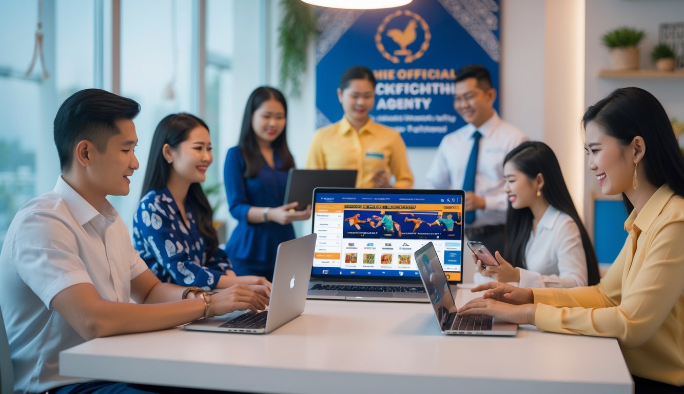 Orang-orang menggunakan perangkat digital di ruang kerja modern dengan elemen budaya Indonesia, menunjukkan aktivitas agen sabung ayam online resmi.