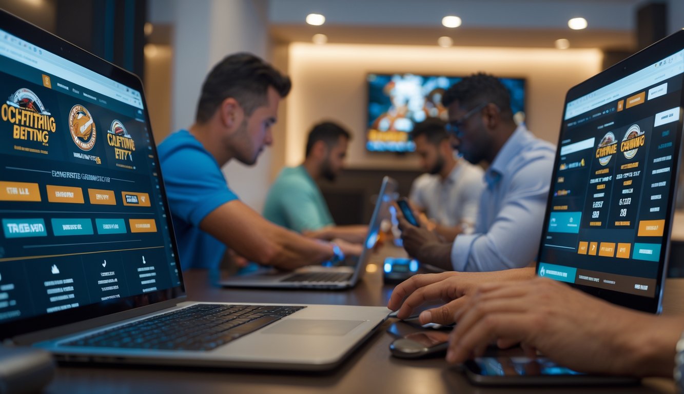 Beberapa orang menggunakan laptop dan ponsel untuk bertaruh sabung ayam secara online di ruangan yang nyaman.