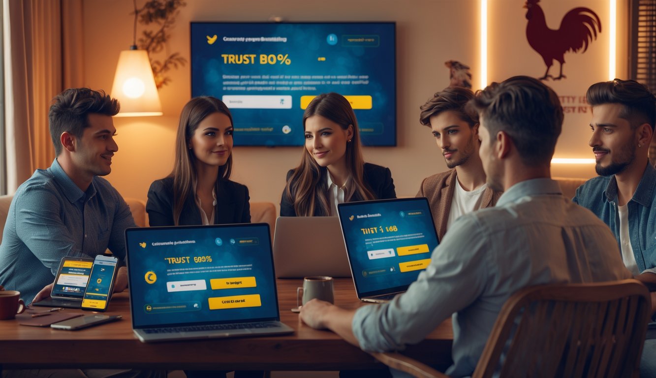 Beberapa orang muda menggunakan perangkat digital untuk bertaruh sabung ayam secara online di ruangan yang nyaman dan terang.