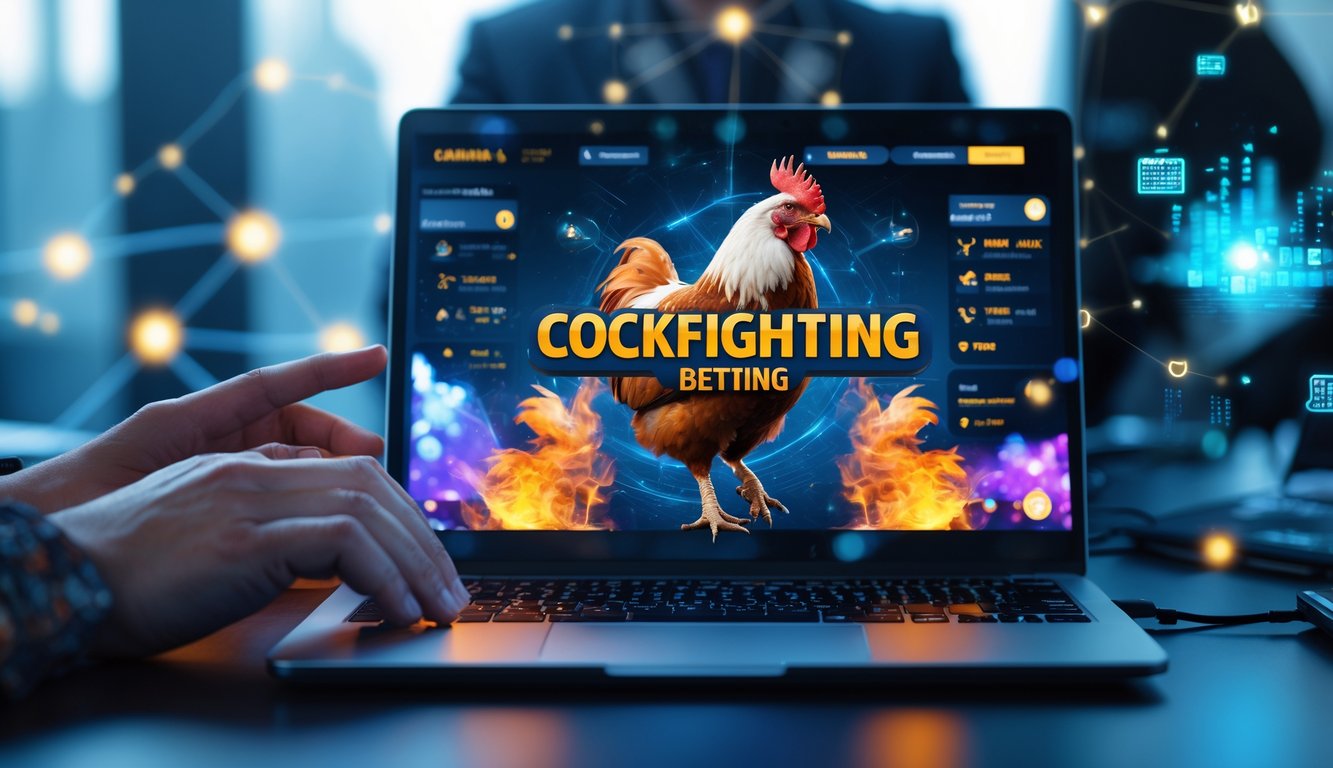 Seseorang menggunakan laptop dengan tampilan platform taruhan sabung ayam online di meja kerja modern.