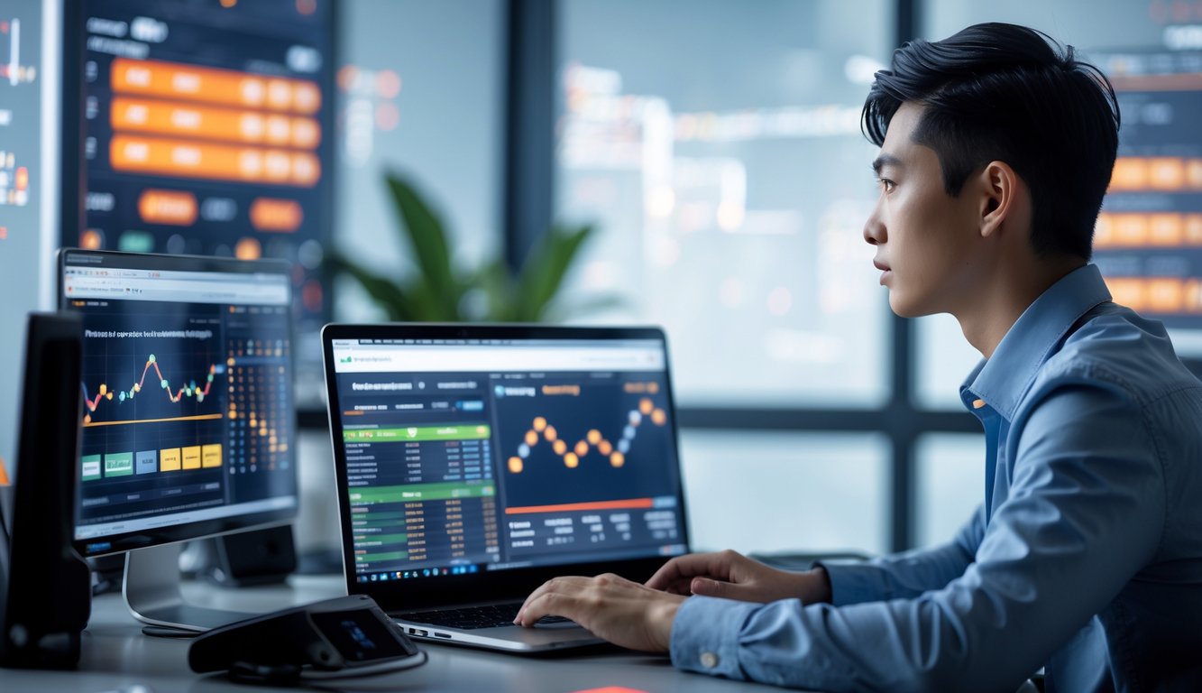 Seorang agen profesional sedang bekerja dengan laptop di kantor modern yang terang, menunjukkan suasana kepercayaan dan keahlian dalam layanan agen sabung ayam online.