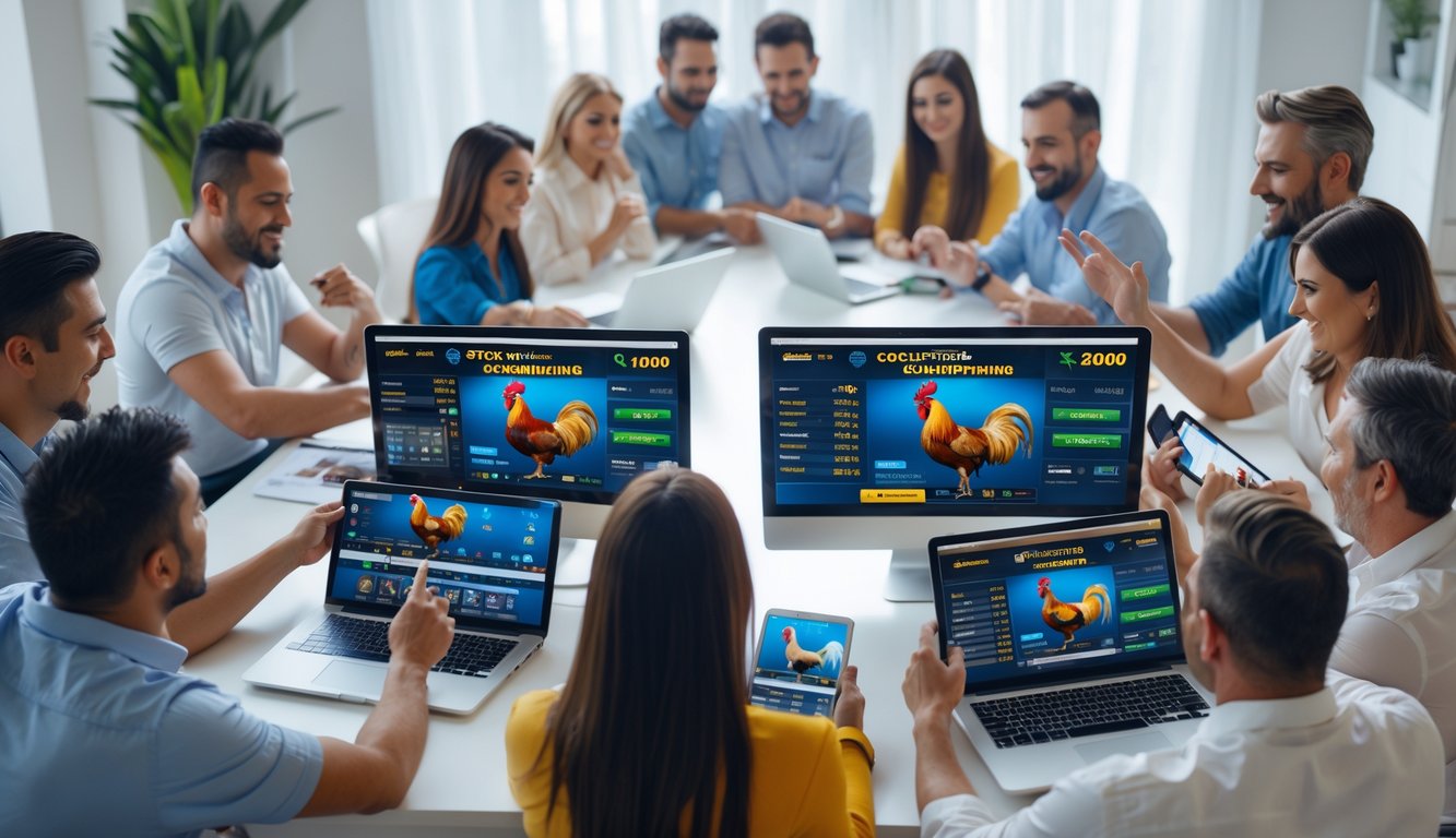 Orang-orang menggunakan perangkat digital untuk bertaruh pada pertandingan sabung ayam secara online tanpa gangguan sepanjang waktu.